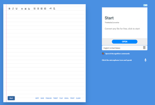 A screen shot of Dictation.io that shows lined paper and the tools available for speech to text, saving, and text to speech.